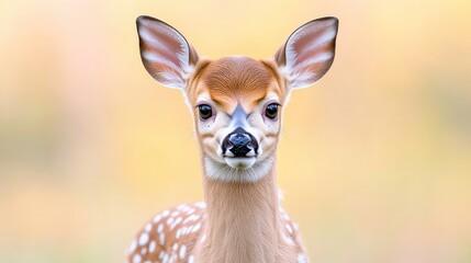 White-tailed Fawn Close-up Portrait, Soft Focus, High-Resolution, Front-facing View, Detailed Fur, Curious Gaze, Autumnal Meadow, Warm Golden Hues, Ideal for Wildlife Calendars