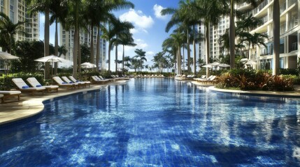 Tropical resort swimming pool oasis amidst towering structures.