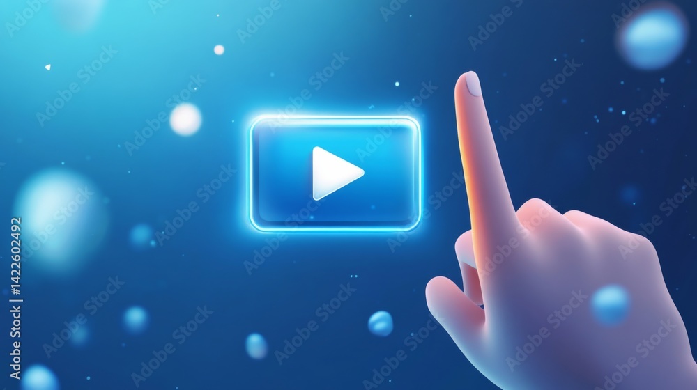 Aufkleber icon design for a video player with a finger pointing at it, featuring a play button in the center, 