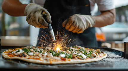 Chef Using Torch to Finish Pizza