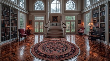 Obraz premium Luxurious home library and foyer with rich wood flooring and classic white trim 