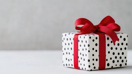 Gift Box Red Ribbon Modern Style High-Resolution Studio Lighting Square Close-Up View Polka Dot Pattern Festive Occasion Neutral Background Crisp Clean Design Perfect for Holiday Marketing