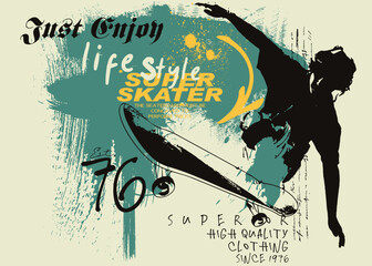 skateboard in minimalistic style with grunge vintage, urban typography street art graffiti slogan, art typography slogan, freestyle skateboard graffiti , graphics graffity sports.  t, eps8 © Sukman