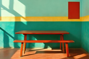 Empty rustic wooden table and bench in a brightly colored room