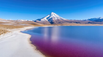 Andean Lake with Snowy Volcano, Vivid Hues, High-Definition Sharp, Landscape Wide Shot, Salty Shore Texture, Serene Nature Scene, Mountainous Background, Purple Pink Palette, Travel Brochure Ideal