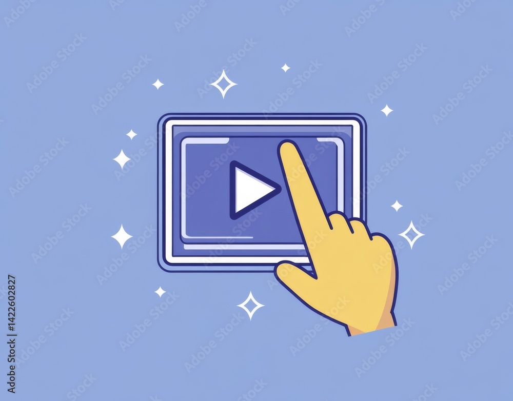 Aufkleber icon design for a video player with a finger pointing at it, featuring a play button in the center, 