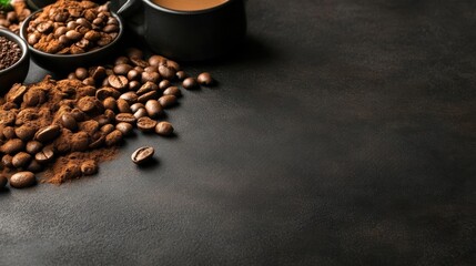 Coffee beans and powder on dark surface