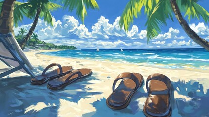 Tropical beach scene with sun-drenched sandals.