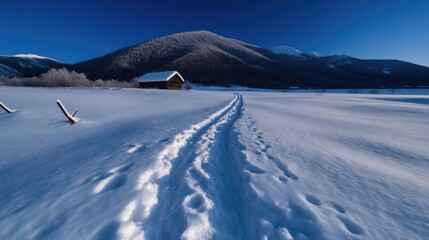 Snowy path to a rustic cabin nestled in a mountain valley