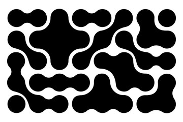 Metaball or molecular pattern. Black amorphous circular shapes isolated on white background. Organic blobs or dots. Modern abstract wallpaper. DNA or neurons network. Vector graphic illustration.