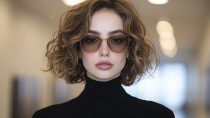 Stylish young woman with short curly hair and sunglasses