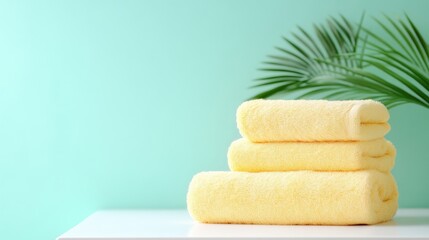 Soft, pastel-yellow towels stacked on a white surface, with a mint-green background and a palm leaf
