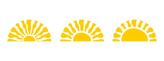 Set of groovy setting or rising sun silhouettes isolated on background. Sunrise or sunset signs. Summer theme symbols. Modern psychedelic print. Happy positive vibes concept. Vector flat illustration.