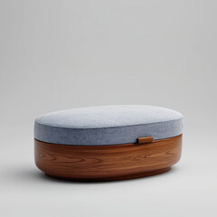 Oval Wooden Storage Ottoman with Blue Fabric Top