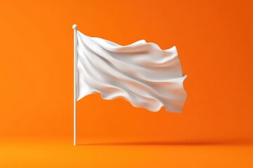 Blank white flag waving against an orange background.  A minimalist, 3D rendered image of a flag on a flagpole, perfect for showcasing a logo or design