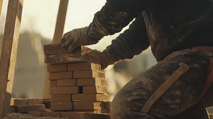 Fototapeta premium Construction Worker Laying Bricks