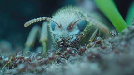 Close-up of an ant colony.  Ants gather around a larger ant