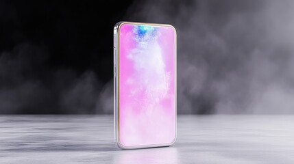 Modern phone mockup, pink screen, smoky background