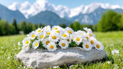 A cluster of daisies on a rock,  mountain backdrop