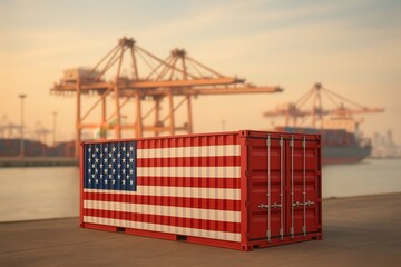 Cargo container with United States flag at commercial port, import export concept