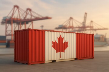 Canadian flag on shipping container at a port with cranes in the background