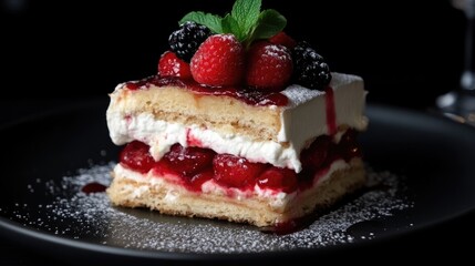 Dessert slice with berries and cream