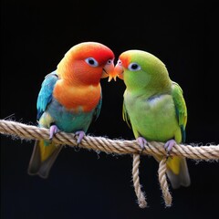 Colorful Lovebirds Perched on a Branch Sharing a Tender Moment