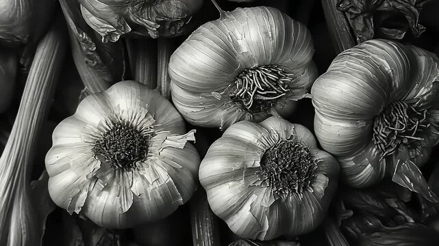 Artistic Monochrome Still Life of Garlic Bulbs and Stems for Culinary Use