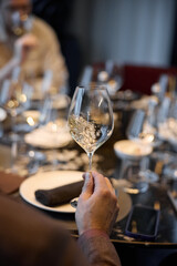 Champagne tasting, Wine glasses are on the table, stylish table setting, wine is poured from a bottle and decanter, sparkling wine bubbles, snacks, people smell the aroma and taste the wine
