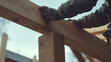 Construction Worker Assembling Wooden Beams