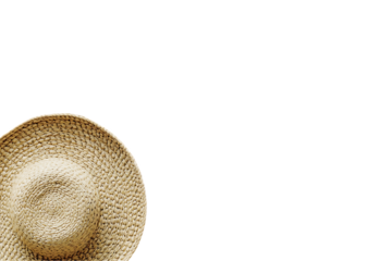 Woven straw hat, corner detail, neutral tones, minimalist summer vibe, isolated on white.