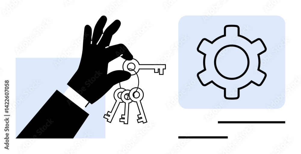 Aufkleber hand holding multiple keys, symbolizing access, next to a gear icon for settings or controls. ideal 