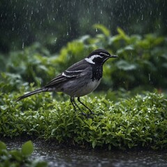 Obraz premium A wagtail in a rain-soaked garden.