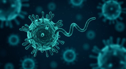Obraz premium Highly Detailed Scientific Illustration of Ebola Virus Virion with Looped Shape on Dark Blue Background