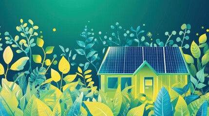 Green home, solar panels, foliage, eco-friendly