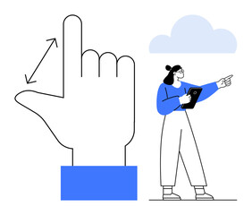 Human with tablet next to enlarged hand making pinch gesture, symbolizing UI interaction, design. Ideal for technology, user interface, innovation, touch screen, teamwork, education simple landing