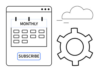 Calendar labeled monthly with a subscribe button next to a gear wheel and cloud. Ideal for scheduling, automation, SaaS, subscription management, organization, business tools, simple landing page