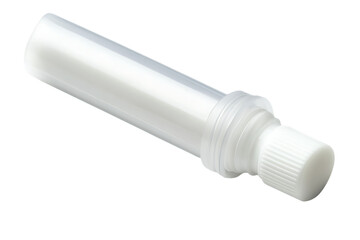 Small, Translucent Plastic Vial with White Cap, Angled Perspective, Isolated on White Background.
