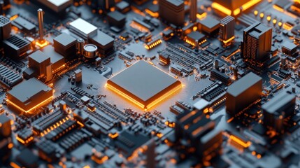 Glowing CPU, circuit board, tech background
