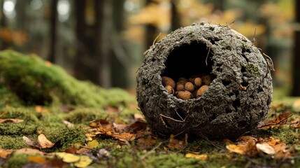 Forest floor sphere holds a cluster of nuts.