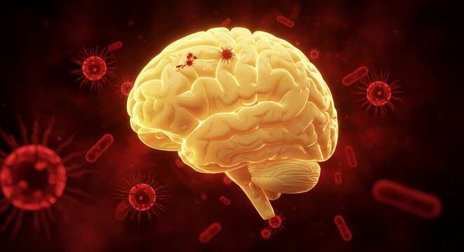 Textured Yellow Human Brain with Red Bacteria and Blood Clots Illustration for Medical Education and Health Awareness