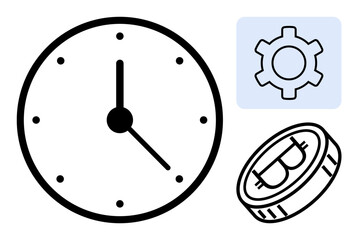 Analog clock, gear cogwheel, and Bitcoin coin represent productivity, efficiency, cryptocurrency, finance, and technology. Ideal for workflow tips, blockchain time tracking apps simple landing page