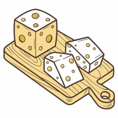 Wooden Board Swiss Cheese Illustration - Appetizing Food Graphic - Block & Wedges - Detailed Texture.