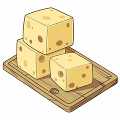Swiss Cheese Cubes:  Appetizing Illustration - Wooden Board - Food Graphic.