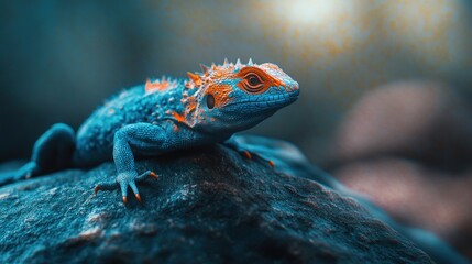 Blue lizard on rock, jungle blur