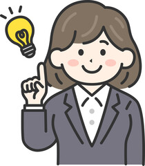 アイデアを出す、スーツを着た、女性（線画カラー）のイラスト