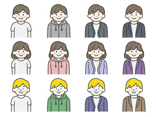 いろいろな服を着た、人物（線画カラー）のイラストセット