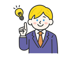 アイデアを出す、スーツを着た、白人男性（線画カラー）のイラスト