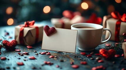 Minimal Valentineâ€™s composition with romantic gifts, coffee cup, and empty card for customizable message 