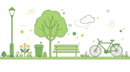 Park bench, tree, bike, spring, eco-friendly illustration
